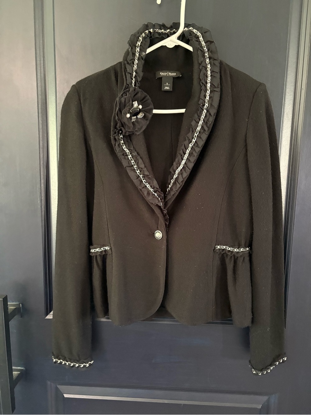 White House Black Market Black Chain-Trim Blazer Wool Knit Blend